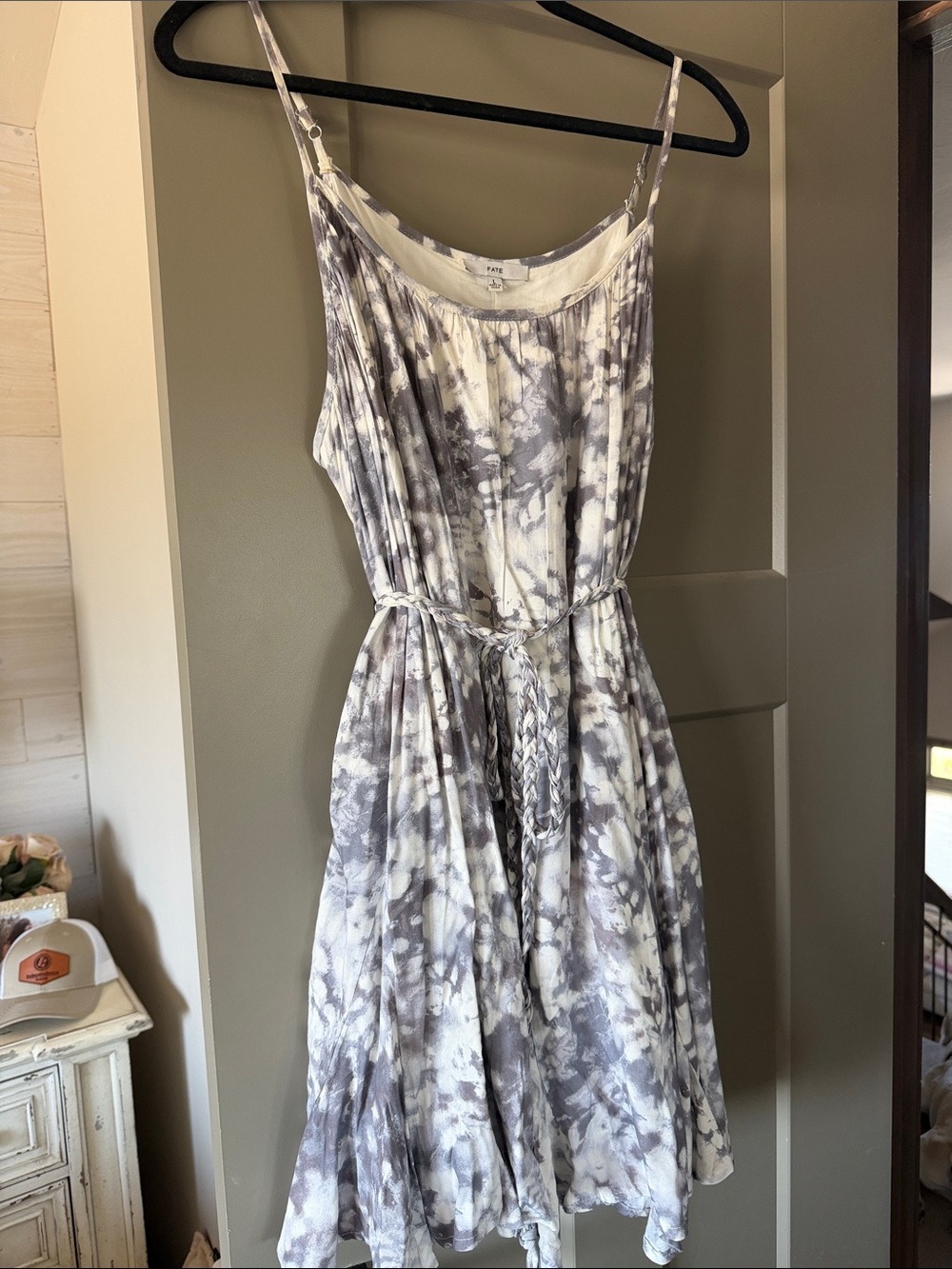 Fate Gray and White Tie-Dye Mini Dress with Braided Waist